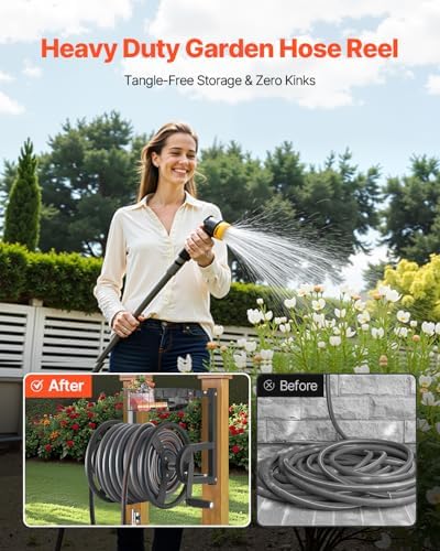 VEVOR Wall Mounted Garden Hose Reel, Holds 125 ft 5/8-inch Hose, Heavy-Duty Water Hose Winder, Space-Saving Design, Outdoor Manual Reel with Brass Fitting and Storage Basket for Yard Lawn - Image 5
