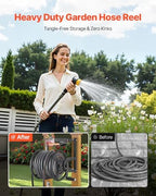 VEVOR Wall Mounted Garden Hose Reel, Holds 125 ft 5/8-inch Hose, Heavy-Duty Water Hose Winder, Space-Saving Design, Outdoor Manual Reel with Brass Fitting and Storage Basket for Yard Lawn - Image 5