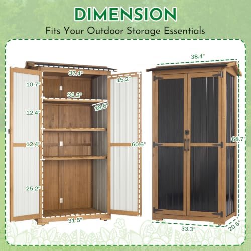 Ketive Outdoor Storage Cabinet, Wood & Metal Garden Cabinet with 3 Adjustable Shelf, Weather-Resistant Roof, Lockable Doors & Adjustable Feet for Patio, Garden, Farm (33" L x 21" W x 69" H) - Image 5