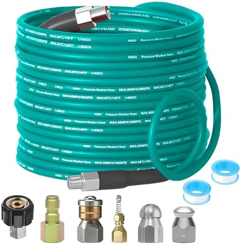 Selkie Pressure Washer Sewer Jetter Kit - 100Ft X1/4" Hydro Drain Jetter Cleaner Hose, Corner, Rotating and Button Nose Sewer Jetting Nozzle Waterproof Tape,Orifice 4.0 4.5,1/4 Inch NPT,5800 PSI by SELKIE