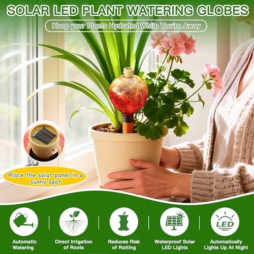 SAVENNA Crackle Glass Plant Watering Globe with Terracotta Spike,Self-Watering Irrigation for Potted Plants, with Solar Accent Light for Indoor & Outdoor Décor, 17oz, Gold–Red Gradient - Image 2