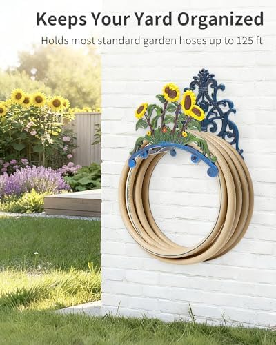 Cast Iron Garden Hose Holder Wall Mount, Rustic Heavy Duty Water Hose Hanger, Decorative Vintage Hose Reel Organizer for Outside Garden Yard Patio, Painted Sunflower Design - Image 5