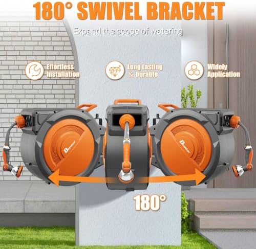 Retractable Garden Hose, 5/8" x 75 ft Wall Mounted Garden Hose Reel with 10-Pattern Hose Nozzle, Heavy Duty Water Hose Any Length Lock,Slow Return System,180°Swivel Bracket - Image 5