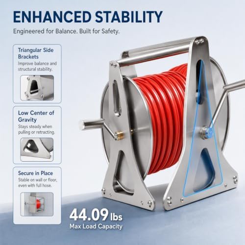 Stainless Steel Hose Reel – Wall/Floor Mounted Garden Hose Reel with with Crank, Stainless Water Hose Reel Retractable for Outdoor Watering, Car Washing & Lawn Care, 164.04ft of 1/2" Hose Capacity - Image 2