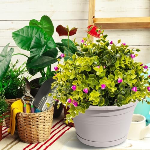 4 Pcs Hanging Planters,10" Hanging Pots Plastic Hanging Flower Plant Basket with Drainage Trays & Chain Holder for Outdoor Indoor Plants Garden Balcony Decoration, Light Gray - Image 6