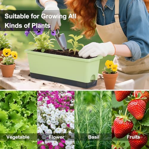 Window Box Planter 4 Packs, 17 Inches Rectangle Flower Pots with Drainage Holes & Trays, Pots for Vegetables, Herbs, Flowers, Garden Windowsill Balcony (Light Green, 17 * 5.1 * 6 inch) - Image 4