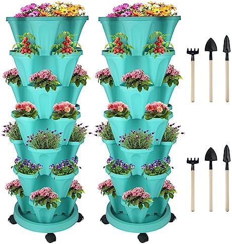 DUNCHATY Stackable Planter, Vertical Garden Planter with Wheels and Tools, Self Watering Strawberry Planter Indoor/Outdoor 7 Tier Herb Planter Pots for Growing Vegetables and Succulents, Teal by DUNCHATY