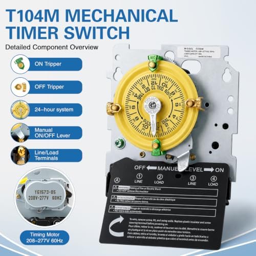 T104M Mechanical Timer Switch, 208-277V 40A Time Switch, Pool Pump Timer, 12 ON/Off 24Hour T104M for Light Lighting WaterHeater Fan and HVAC Systems - Image 5