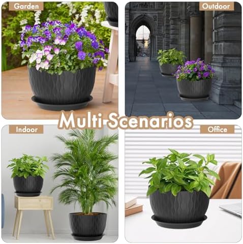 WSMKSZ 12 Inch Large Plant Pots for Indoor or Outdoor Plants, Wide Water Ripples Flower Pots with Drainage Holes & Saucer, Plastic Planters Set for Garden & Home Decor (Black) - Image 6