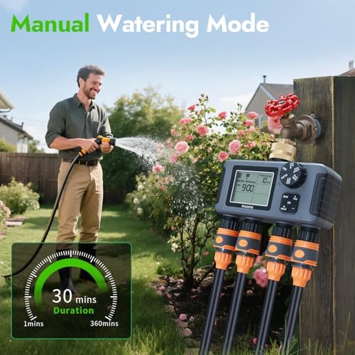 Insoma Water Timer with Brass Inlet & Outlet, 4 Independent Zones Outdoor Hose Timer for Garden Faucet with Auto/Manual/Rain Delay Mode, IPX5 Waterproof, Sprinkler Irrigation Controller for Yard Lawn - Image 4