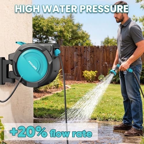 1/2" 160FT Retractable Garden Hose Reel - POXURIO Heavy Duty Automatic Wall Mounted Hose Reel Upgraded UV Resistant, 3/4" Brass Fitting, 10 Pattern Nozzle, 180° Swivel&Any Length Lock Slow Retraction - Image 6