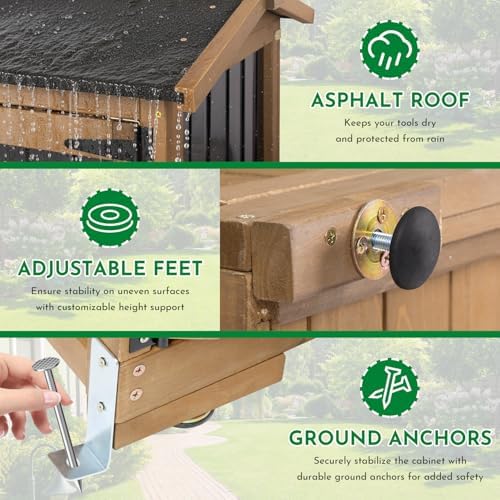Ketive Outdoor Storage Cabinet, Wood & Metal Garden Cabinet with 3 Adjustable Shelf, Weather-Resistant Roof, Lockable Doors & Adjustable Feet for Patio, Garden, Farm (33" L x 21" W x 69" H) - Image 4