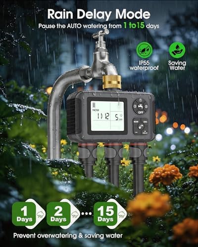 Insoma Water Timer with Brass Inlet, 3 Independent Zones Outdoor Hose Timer for Garden Faucet with Auto/Manual/Rain Delay Mode, IPX5 Waterproof, Sprinkler Irrigation Controller for Yard Lawn - Image 4