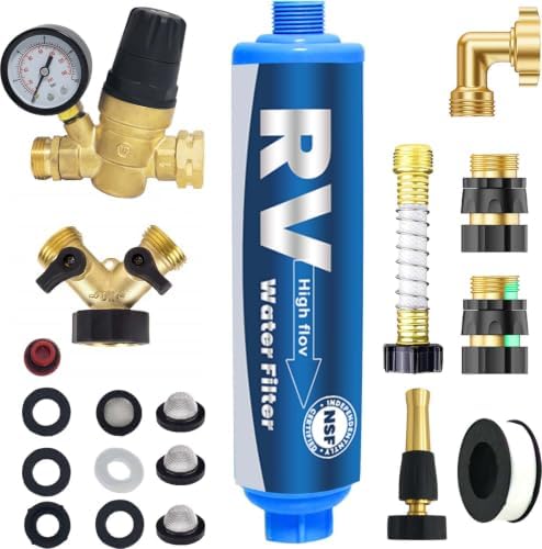 RV Water Pressure Regulator Filter Kit, Camper Water Pressure Regulator with Gauge, Hose Splitter, Brass Elbow Flexible Connector,Inline Water Filters, Sprayer by Enkreefi