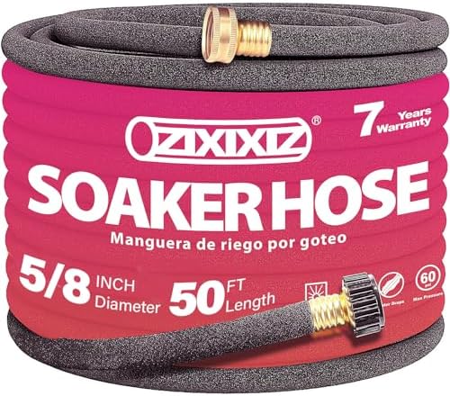 50FT 5/8-Inch Soaker Hose, Flexible with Solid Brass Connector, Leak-Resistant Watering System for Gardens & Vegetable Beds by ZIXIXIZ