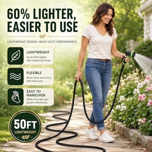 Garden Hose 50FT, NON-EXPANDABLE Flexible Water Hose, Lightweight, Kink-Free, High-pressure Hose Male to Female Fittings for Watering Plants, Washing Cars, Cleaning Patios and Bathing Pets. - Image 4