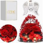Preserved Real Flower Rose in Large Angel Figurine Glass Dome, Red LED Light Up Rose Gifts for Mom, Valentines Day Gift for Mother, Decorative Keepsake for Home Display by Chewtoyo