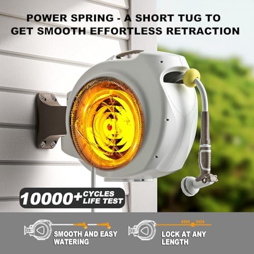 Retractable Garden Hose Reel, 1/2 in 100+6 ft, Heavy Duty Wall Mounted Water Hose Reel, Spring Power Automatic Rewind, Any Length Lock, 180° Swivel Bracket, 10 Pattern Spray Nozzle - Image 3