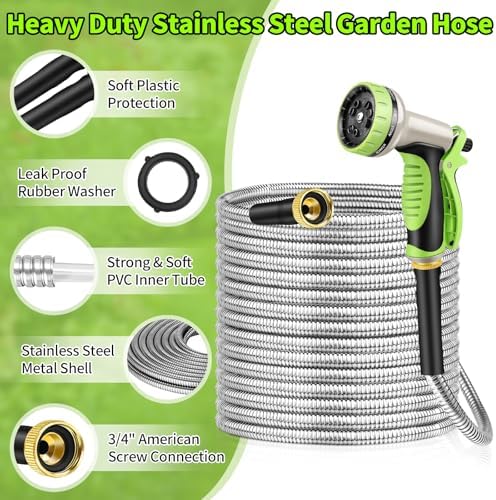 GOXAWEE 100FT Garden Hose, Stainless Steel Water Hose, 10 Function Nozzle - Image 2