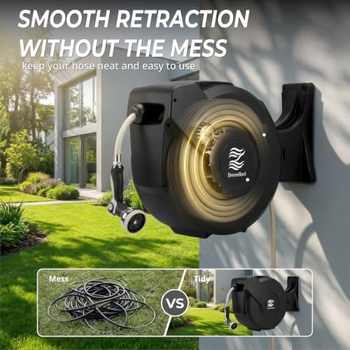 Retractable Garden Hose Reel - 5/8 in x 100 ft Automatic Wall Mount Automatic Water Hose Reel with 10 Patterns Nozzle, Heavy-Duty Aluminum Mount, 180° Swivel, Auto-Lock for Outdoor Watering - Image 3