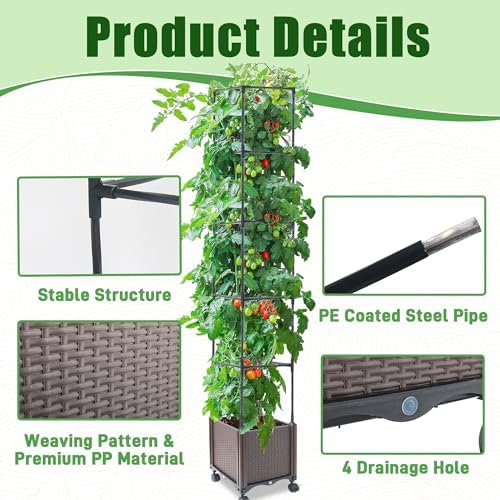 Quibbay Raised Garden Bed Planter Box with Trellis, 62.2" Self-Watering Tomato Planters for Climbing Plants Vine Flowers Outdoor Patio, Tomatoes Cage with Trellis Wheels for Outdoor, 1Pack - Image 2