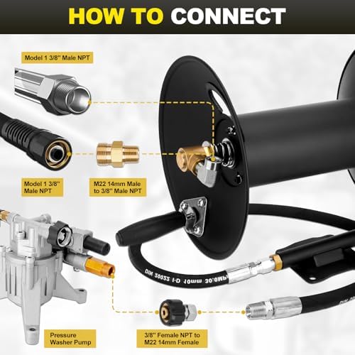High Pressure Washer Hose Reel 100ft 3/8" NPT, 4000 PSI Heavy Duty Steel Power Washer Hose Reel with Swivel Arm, Mounting Bracket & M22 14mm Fitting, Wall/Machine/Van/Trailer Mount Compatible - Image 3