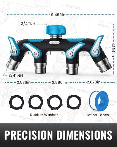 RAINPOINT 4 Way Garden Hose Splitter, 100% Metal Heavy Duty Water Hose Splitter with Individual Shut-Off Valves, 3/4" GHT High Flow Outdoor Faucet Splitter, 1.81" Extra Long Handle (Blue) - Image 3
