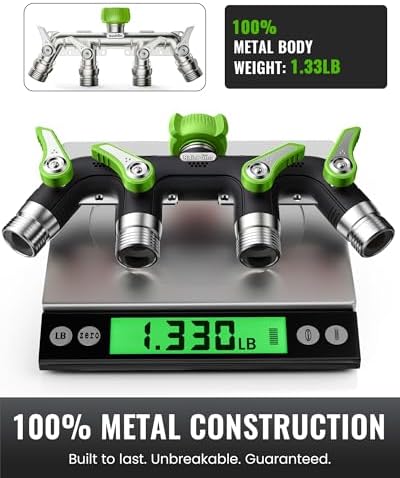 RAINPOINT 4 Way Garden Hose Splitter, 100% Metal Heavy Duty Water Hose Splitter with Individual Shut-Off Valves, 3/4" GHT High Flow Outdoor Faucet Splitter, 1.81" Extra Long Handle (Green) - Image 2