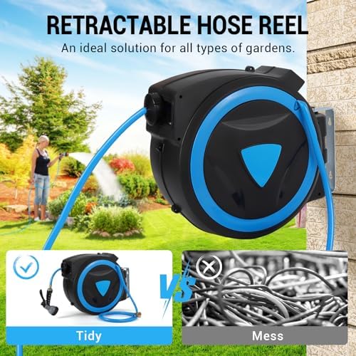 Retractable Garden Hose Reel, 1/2 Inch x 100 Ft Water Hose Reel Wall Mounted, Any Length Lock, Slow Auto-Rewind, 9 Function Spray Nozzle & 180° Swivel Bracket, Garden Watering, Hose Storage - Image 3
