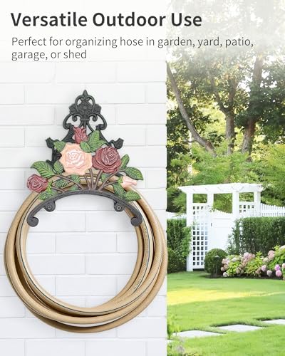 Cast Iron Garden Hose Holder Wall Mount, Rustic Heavy Duty Water Hose Hanger Storage Rack, Decorative Vintage Hose Reel Organizer for Outside Garden Yard Patio, Painted Rose Design - Image 6