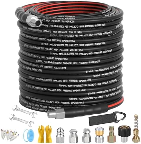 Sewer Jetter Kit for Pressure Washer 150FT, Drain Cleaner Hose 1/4 Inch NPT, NPT Corner Swivel and Push Button Nose Sewer Jet Nozzle Wrenches Gloves Waterproof Tape Pearl Brooch,5800PSI by SITIMIMIL