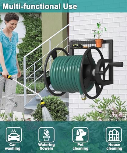 Artigarden Garden Wall Mounted Hose Reel, Outdoor Heavy-Duty Water Hose Holder Winder, Holds 125 Feet of 5/8-Inch Hose, with 3.9 ft Leader Hose, Water Fitting and Storage Basket for Yard, Black - Image 7