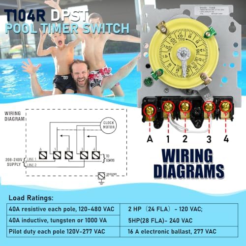 3R Rainproof T104R Pool Timer, Heavy Duty Timer Switch DPST 208-277 VAC 40A - Image 2
