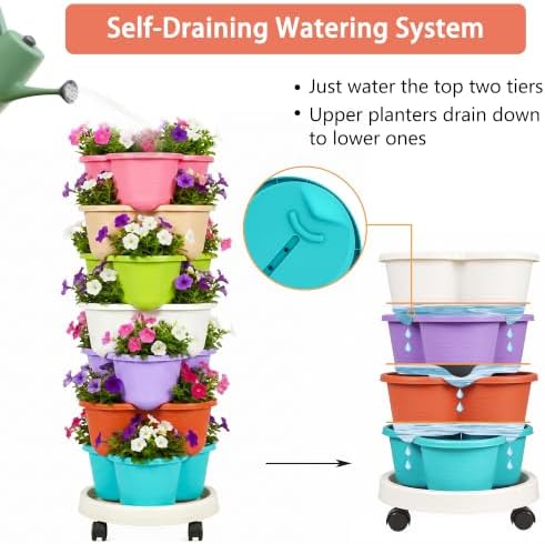 VECELO 7 Tier Vertical Garden Planter, Self Watering Stackable Planters with Wheels for Strawberries, Herbs, Flowers, Vegetables, Multicolor - Image 3
