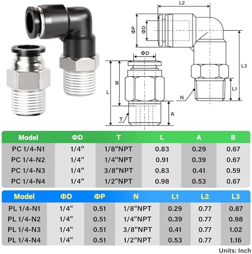 TAILONZ PNEUMATIC Elbow and Straight Combination 1/4 Inch Tube OD x 1/8 Inch NPT Thread Push to Connect Fittings PC-1/4-N1+PL-1/4-N1(Pack of 60) - Image 2