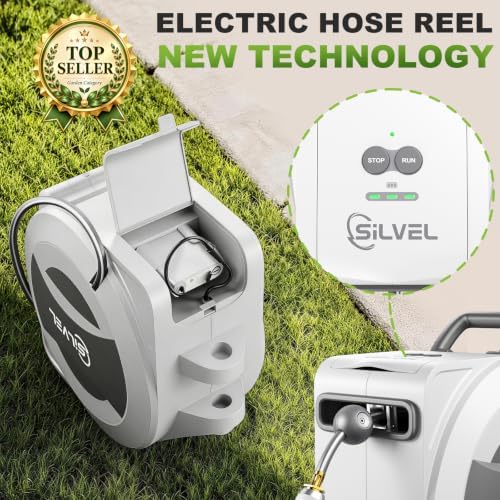Silvel Automatic Retractable Garden Hose Reel, 1/2" x 110ft Wall Mount, 12V 2.5Ah Battery Powered & Button-type Length Control,Heavy Duty Hose Reel with 10 Pattern Nozzle, Upgraded UV Resistant - Image 3