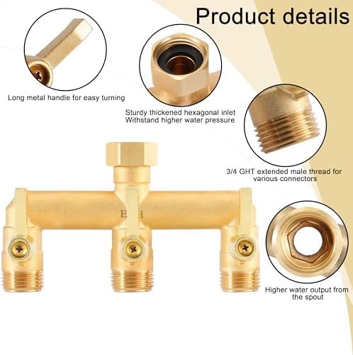 EBH Brass Garden Hose Splitter, 3 Way High Flow Outdoor Faucet Splitter,Full Flow 3-Way Brass Heavy Duty Hose Splitter With 3 Long Metal Handle and Individual On/Off Valve。 - Image 3