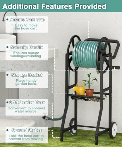 Artigarden Garden Hose Reel Cart with Wheels, Outdoor Heavy Duty Powder Coated Steel Water Winder Storage Holds 125 ft 5/8" Hoses with 3.9ft Leader Hose and Basket for Backyard, Yard, Lawn, Black - Image 4