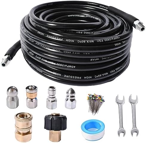 Sewer Jetter Kit for Pressure Washer 5800 PSI Drain Cleaner Hose 1/4 Female NPT,Button Nose,Pressure Washer Adapter,Button Hose Sewer Jetting Nozzle Pearl Corsage Pin Waterproof Tape with 2 Spanner by CCLANCY