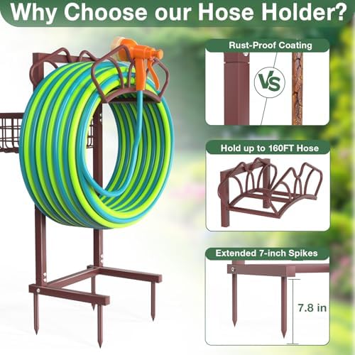 Qatsrin Garden Hose Holder with Large Basket, Heavy Duty Hose Reel, Bronze - Image 3