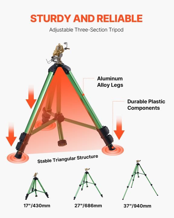 VEVOR Impact Sprinkler on Tripod Base, Heavy Duty Tripod Sprinklers with Brass Head & 3/4" Connector, 360 Degree Large Area Coverage Irrigation Sprinkler, Adjustable Heights for Yard Green - Image 3