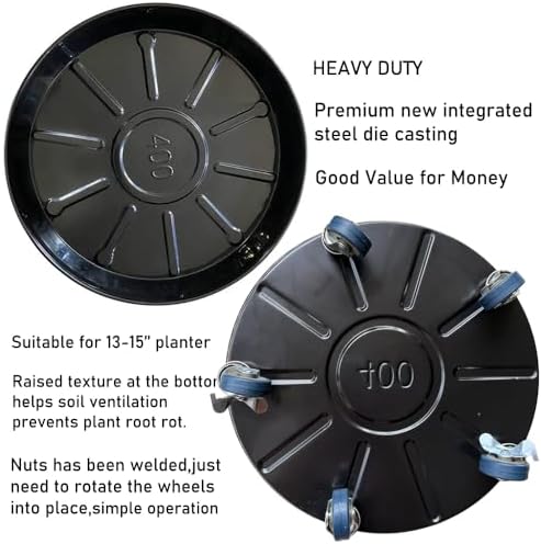Heavy Duty Plant Caddy(430lbs Capacity), Rolling Metal Plant Stand with Brake Wheels Plant Dolly Planter Mover Plant Pot Tray Saucer for Indoor Outdoor 16 Inches Black 2Pack - Image 3