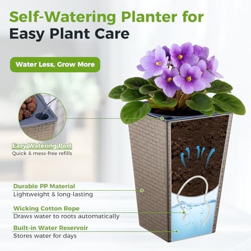 Self Watering Pots for Indoor Plants, 2 Pack Flower Pots Self Watering Planter 10.7" x 6.9" Plastic Pots African Violet Wick and Grow Pots Tall Orchid pots Square Large Plant Pots, Bronze - Image 4