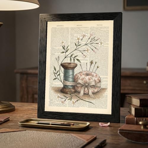 Framed Canvas Wall Art Vintage Sewing Kit Jasmine Earthy Sepia Botanical Spool Canvas Print Poster Black Frame Wall Decor for Craft Room Studio Cottagecore, Antique Encyclopedia Art - 12x16 Inch - Image 7