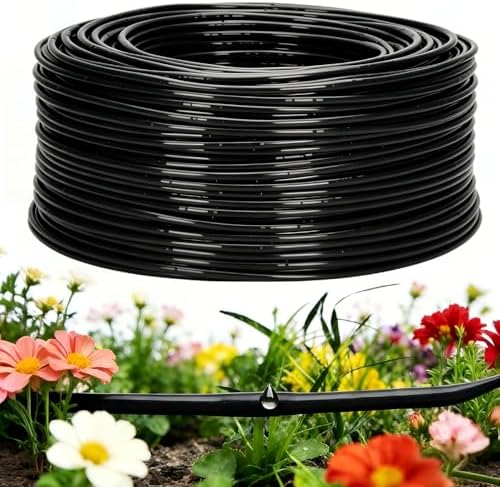 1/4" Drip Irrigation Tubing with 6" Emitter Spacing, (650 Ft Roll) Hydroponics Dripline with Built-in 0.5 GPH Dripper, Saving 80% Water, Drip Line for Greenhouses and Dense Planting Areas (Black) by Vikua