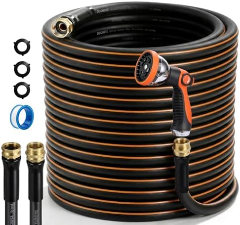 Garden Hose, 50ft 5/8" Heavy Duty Rubber Water Hose w/ 10-Mode Spray Nozzle, 550 PSI Burst, 360° Anti-Kink Swivel Connectors, All-Weather Flexible, Leakproof 3/4" Brass Male to Female Fittings by GOCHIFIX