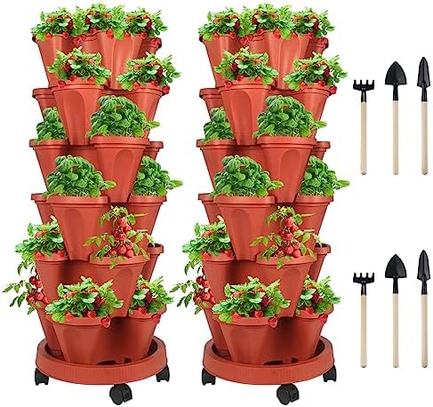 DUNCHATY Stackable Planter, Vertical Strawberry Planter with Garen Tool Set, Self Watering Garden Planter Indoor/Outdoor 7 Tier Herb Planter Pots for Growing Vegetables and Succulents, Clay Red by DUNCHATY