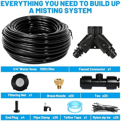 Riboud 110FT Mister for Outside Patio Misting Cooling System with 20 Brass Mist Nozzles+Water Filter+Y Connector, Leak-Resistant Misters for Backyard, Garden, Pool, Deck, Greenhouse - Black - Image 5