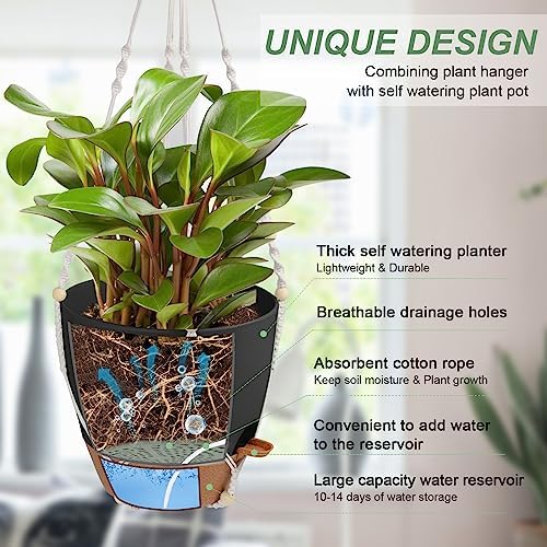 Vanslogreen 41.5 Inch Macrame Plant Hanger Indoor Outdoor with 12 Inch Flower Pot, Hanging Planter for Plants Holder with Wood Beads for Boho Home Decor (Ivory+Black) - Image 2