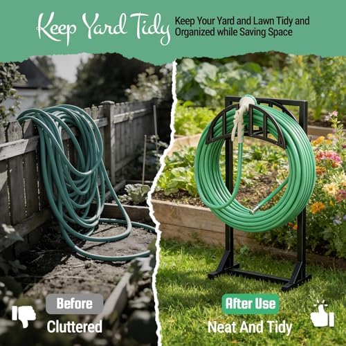 YQSLYSF 2 Pack Garden Hose Holder, Water Hose Stand with 4 Stake and 2 Tool Hooks, Heavy-Duty Metal Hose Storage Holds 150Ft, Freestanding Hose Hanger Rack for Outside, Yard, Lawn, Farm - Image 6